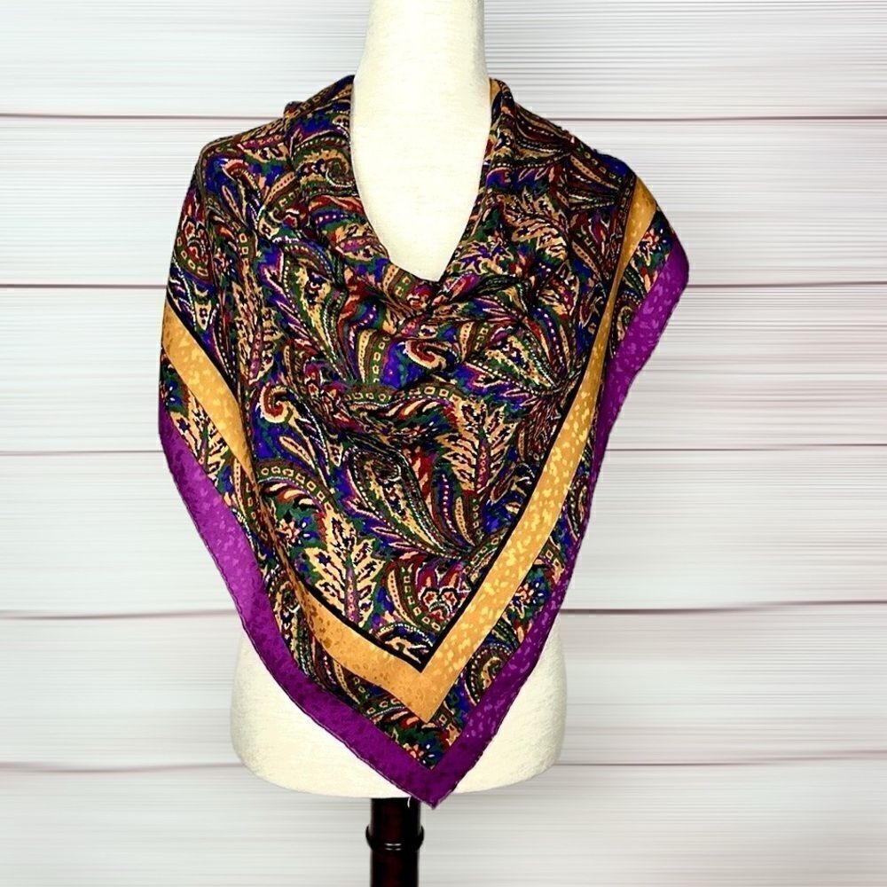 GIVENCHY for The Leadings Hotels of World Silk Scarf Purple Gold Hand Rolled - Picture 8 of 10